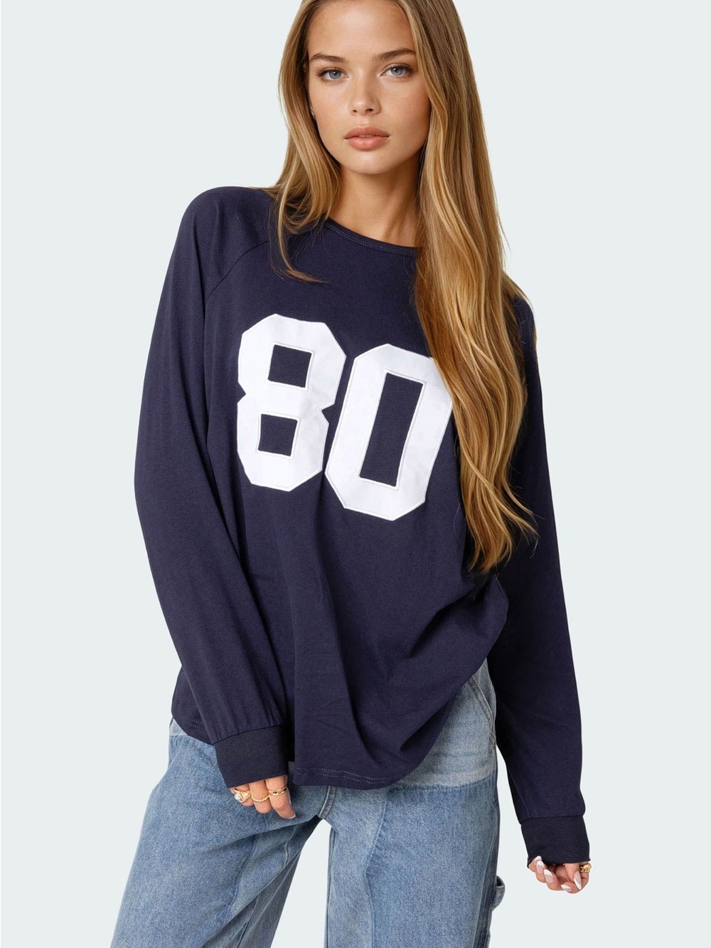 Edikted Navy Oversized “80” Graphic Long Sleeve Tee Size Small